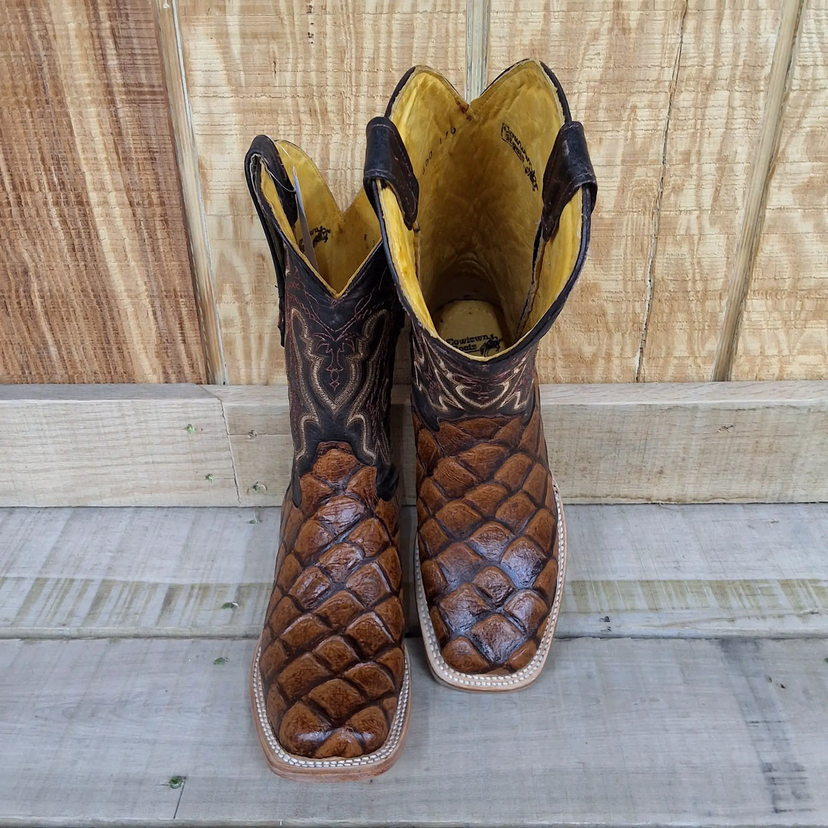Cowtown Boots Fish Print SQ Toe- Cognac by Wild West Outfitters