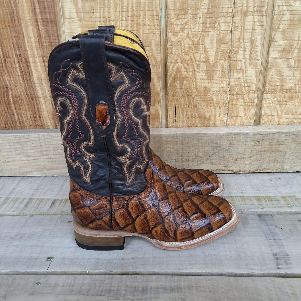 Cowtown Boots Fish Print SQ Toe- Cognac by Wild West Outfitters