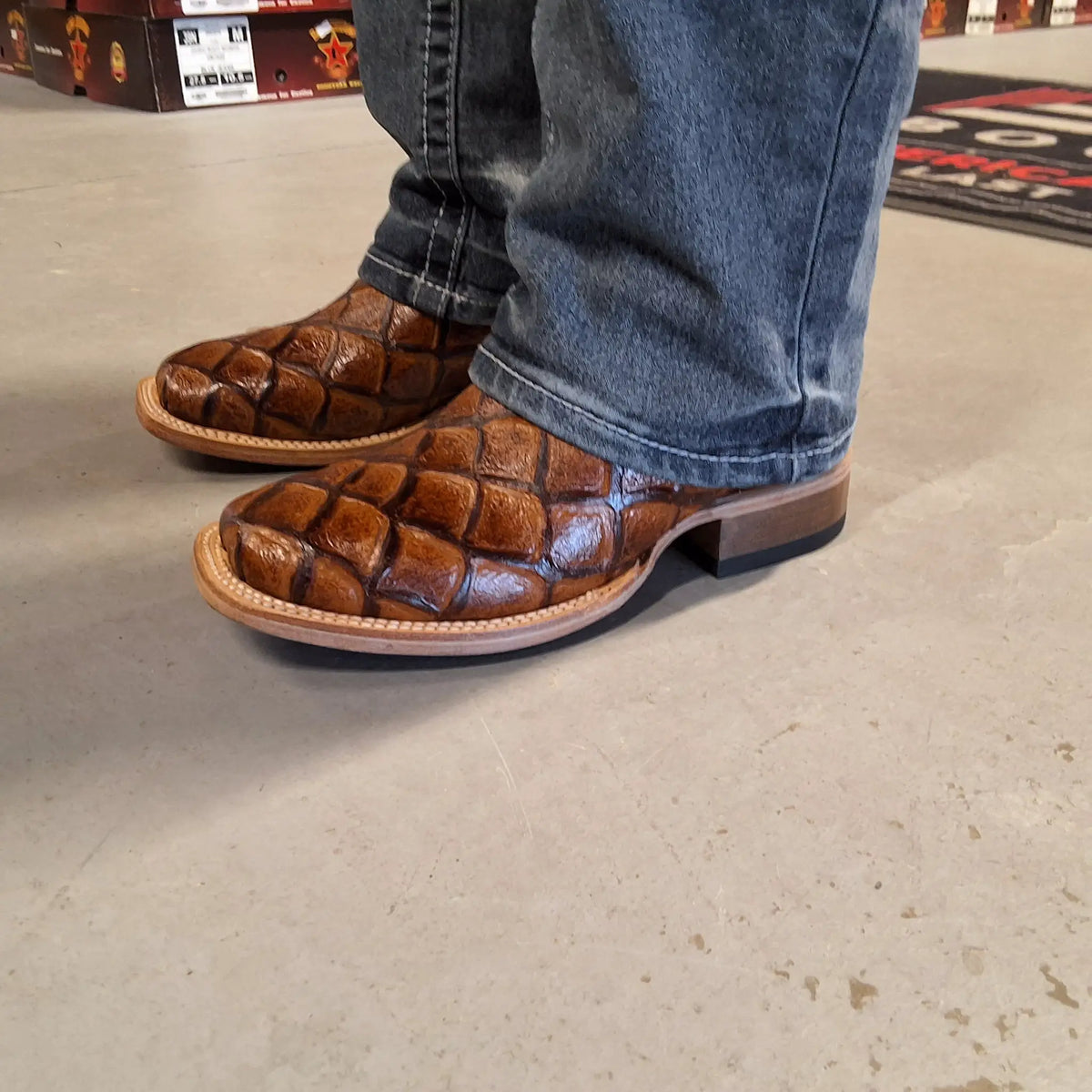 Cowtown Boots Fish Print SQ Toe- Cognac by Wild West Outfitters
