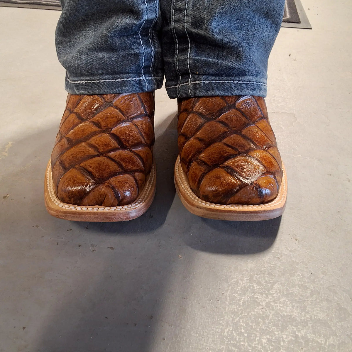 Cowtown Boots Fish Print SQ Toe- Cognac by Wild West Outfitters