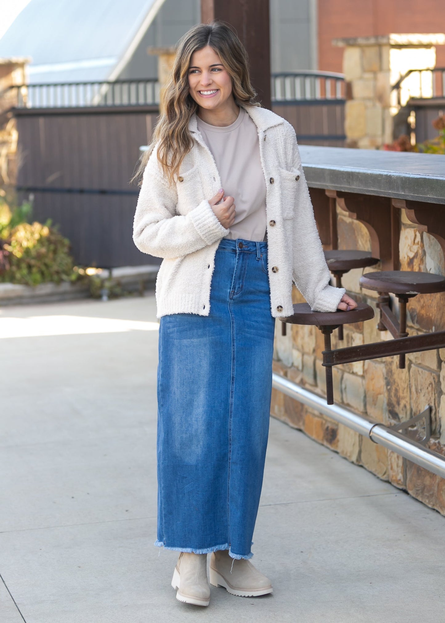 Dakotah Raw Hem Long Denim Skirt