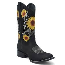 Los Altos Crazy Black Sunflower Wide Square Toe Cowgirl Boots
