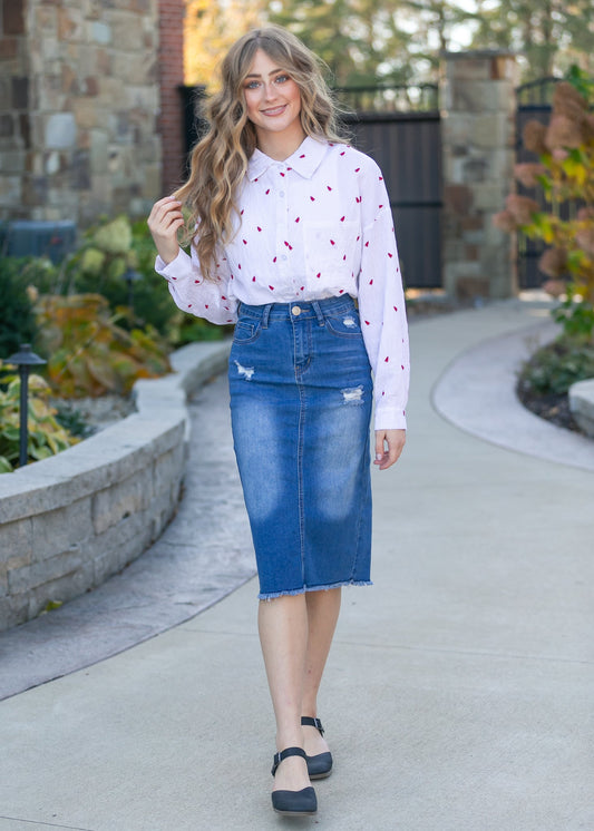 Hadley High Rise Denim Midi Skirt