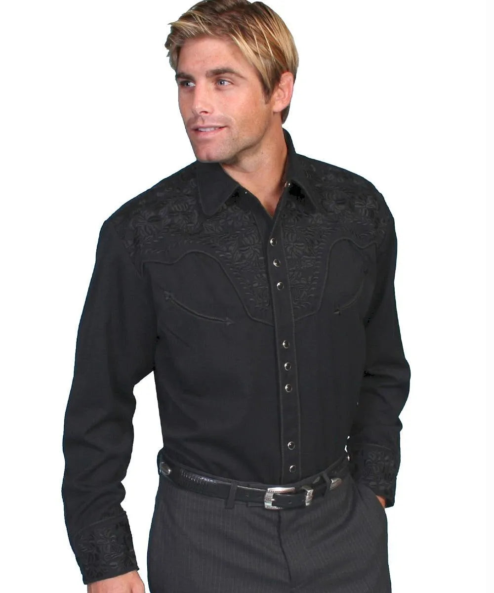 Scully Floral Tooled Embroidery - Men's Western Shirt (Jet Black)