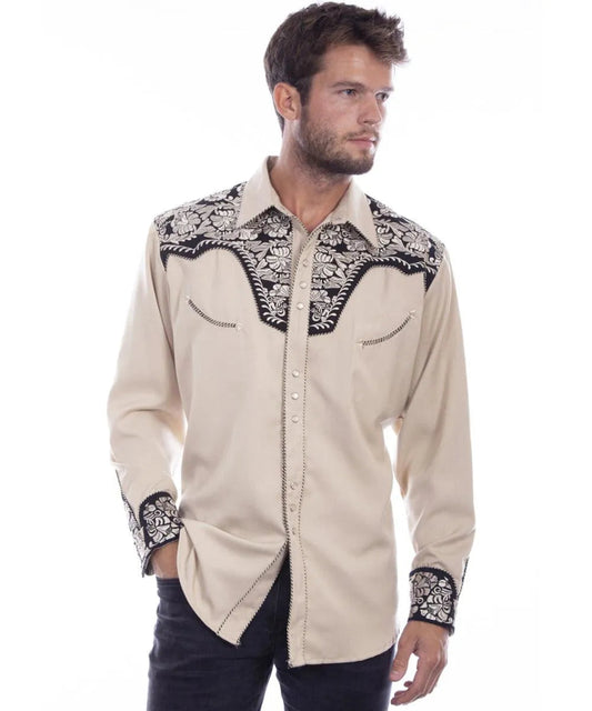 Scully Floral Tooled Embroidery - Men's Western Shirt (Tan/Black)