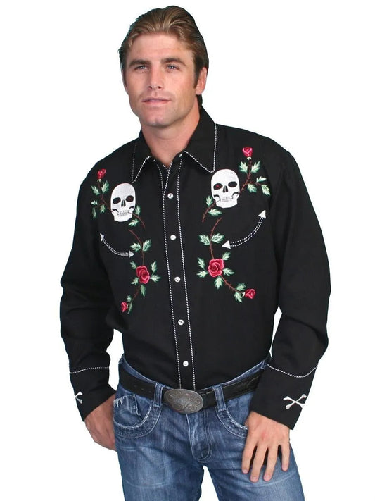 Scully Skull and Rose Embroidery - Mens Western Shirt