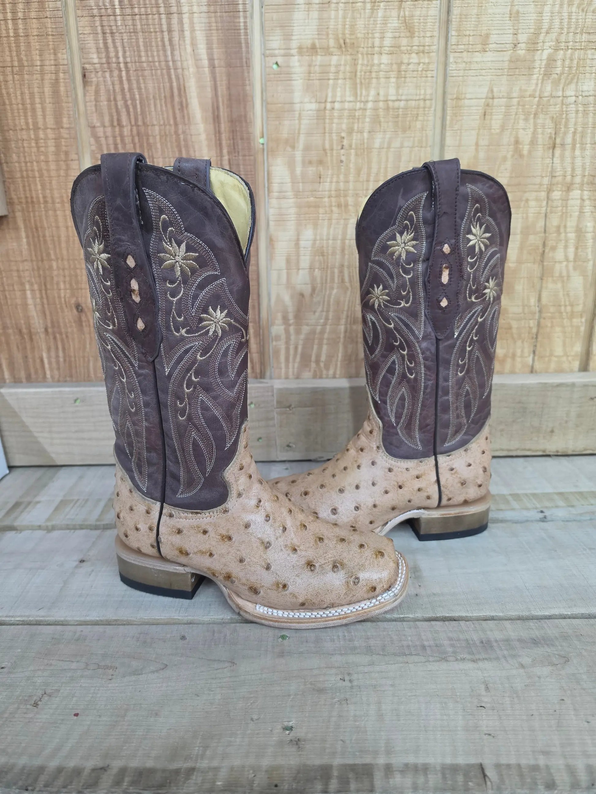 Cowtown Q477 Oryx Ostrich Print Brown Tan Square Toe Western Boots by Wild West Outfitters