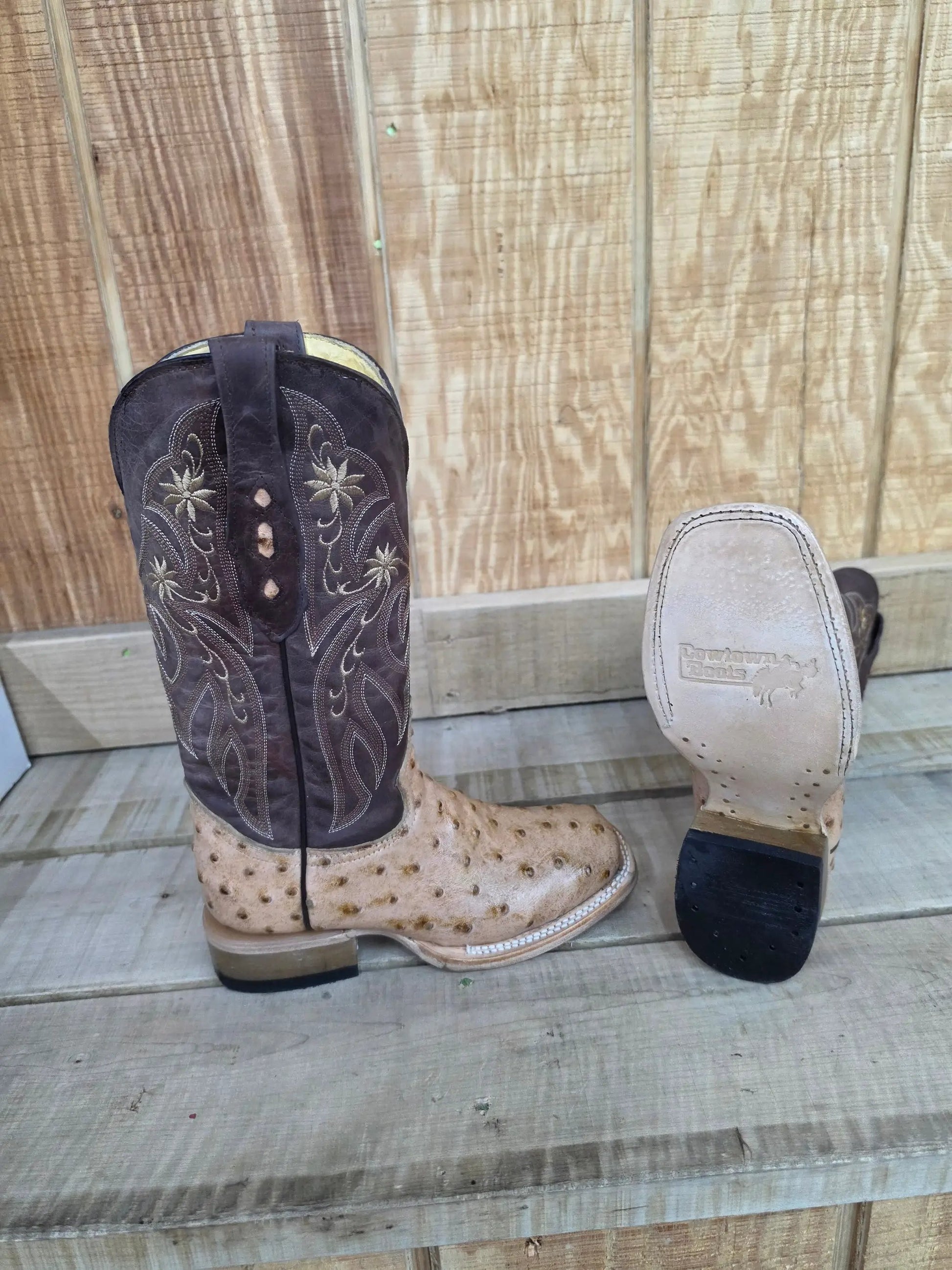 Cowtown Q477 Oryx Ostrich Print Brown Tan Square Toe Western Boots by Wild West Outfitters