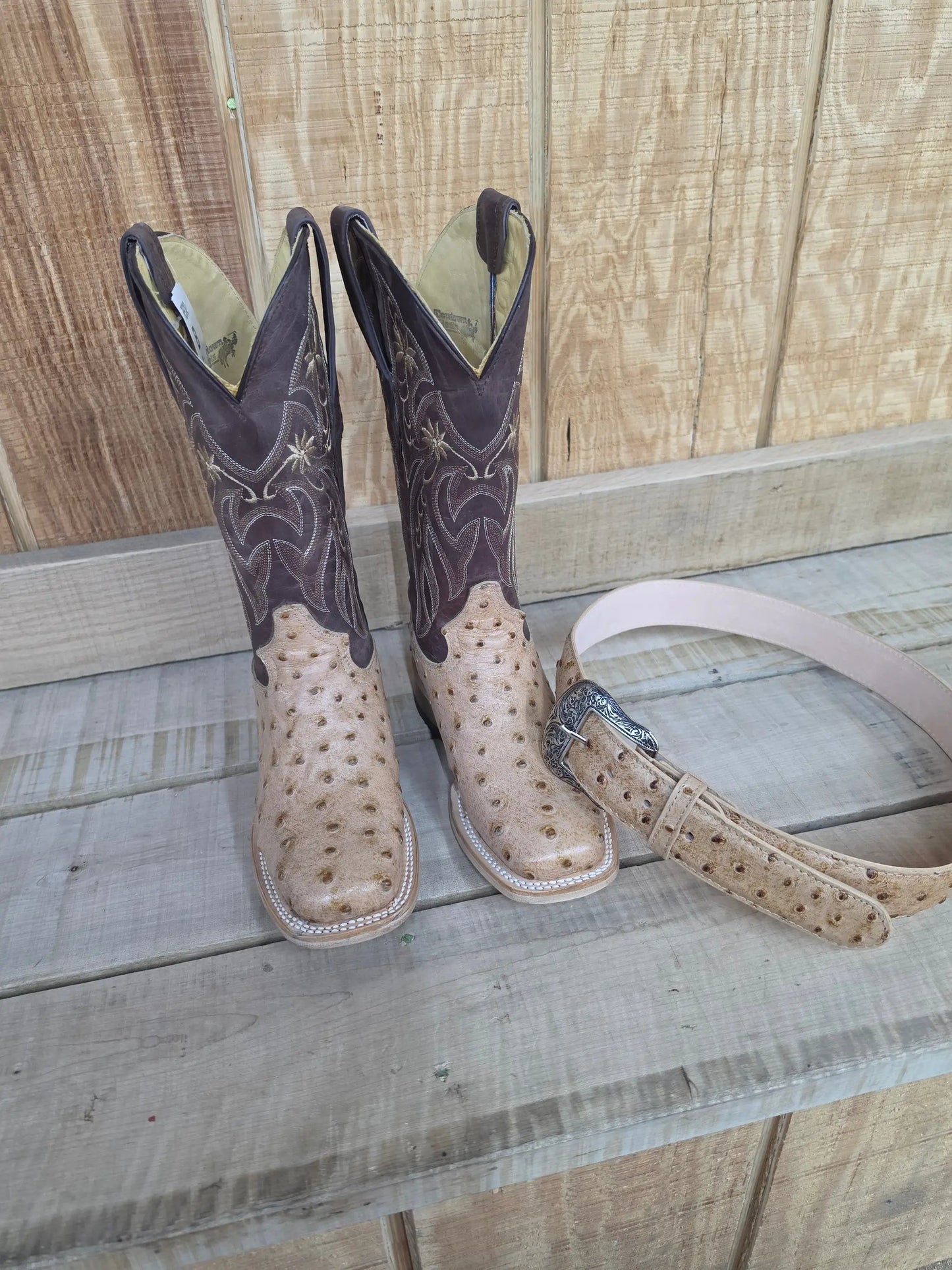 Cowtown Q477 Oryx Ostrich Print Brown Tan Square Toe Western Boots by Wild West Outfitters