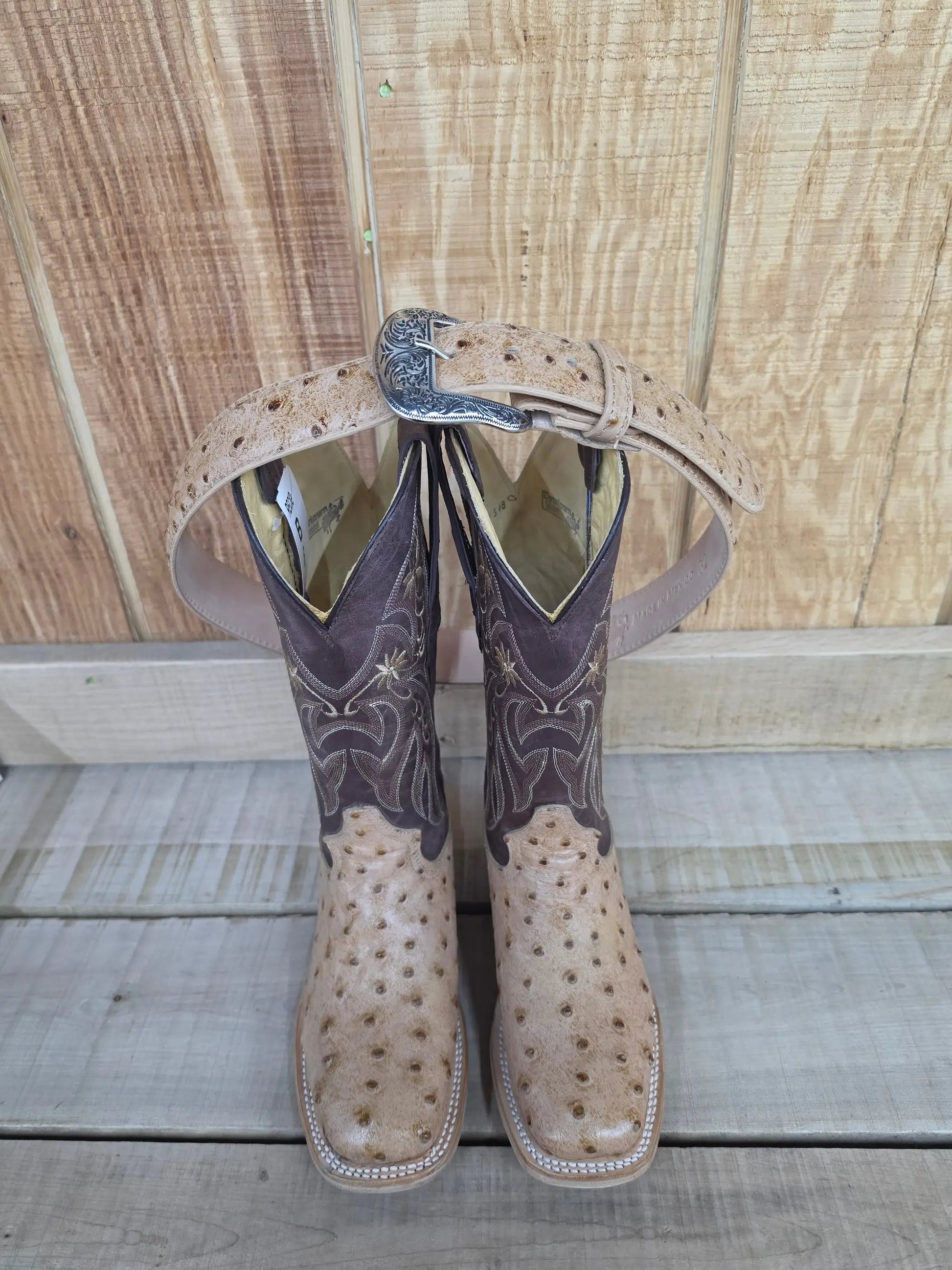 Cowtown Q477 Oryx Ostrich Print Brown Tan Square Toe Western Boots by Wild West Outfitters