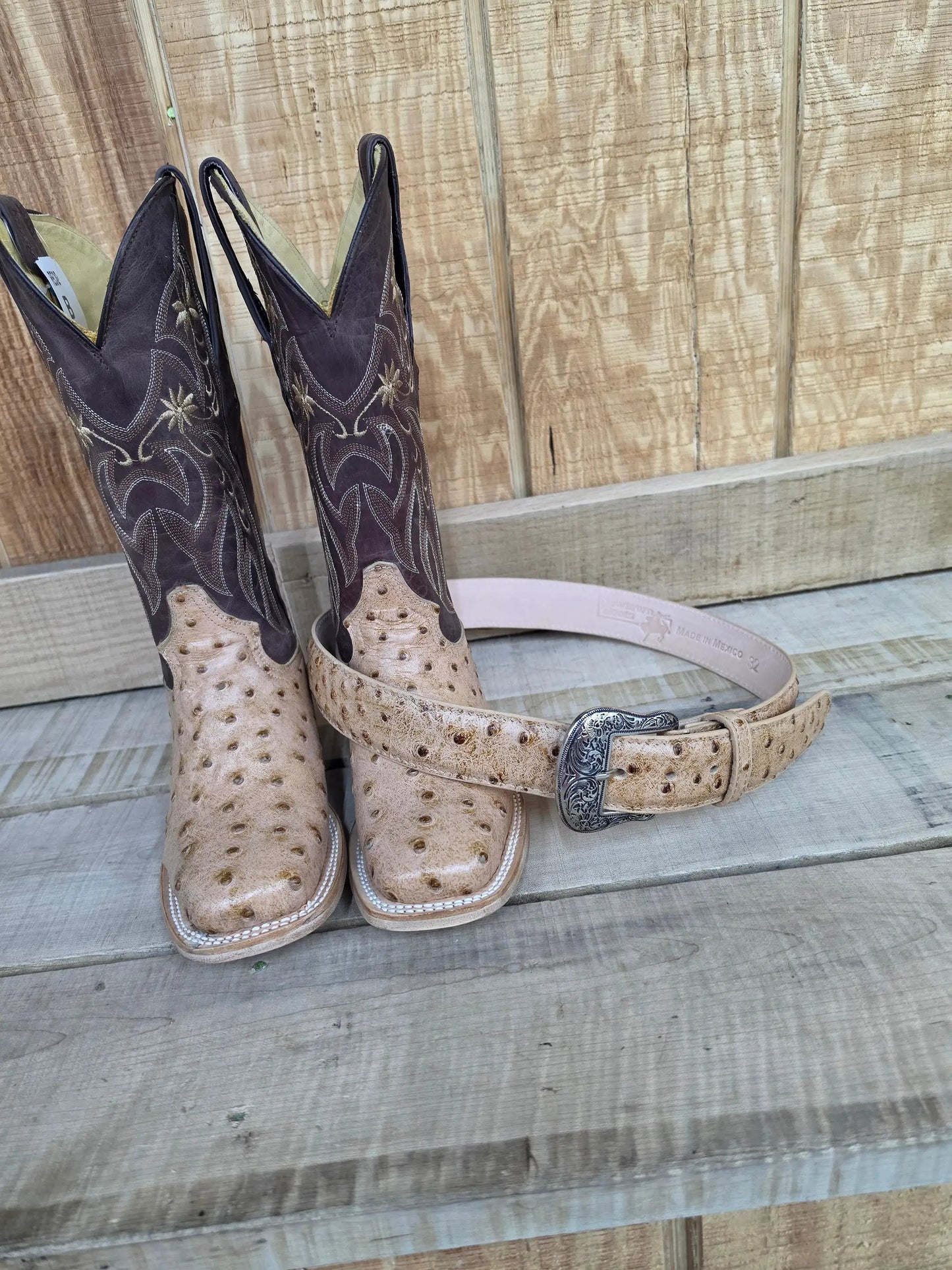 Cowtown Q477 Oryx Ostrich Print Brown Tan Square Toe Western Boots by Wild West Outfitters