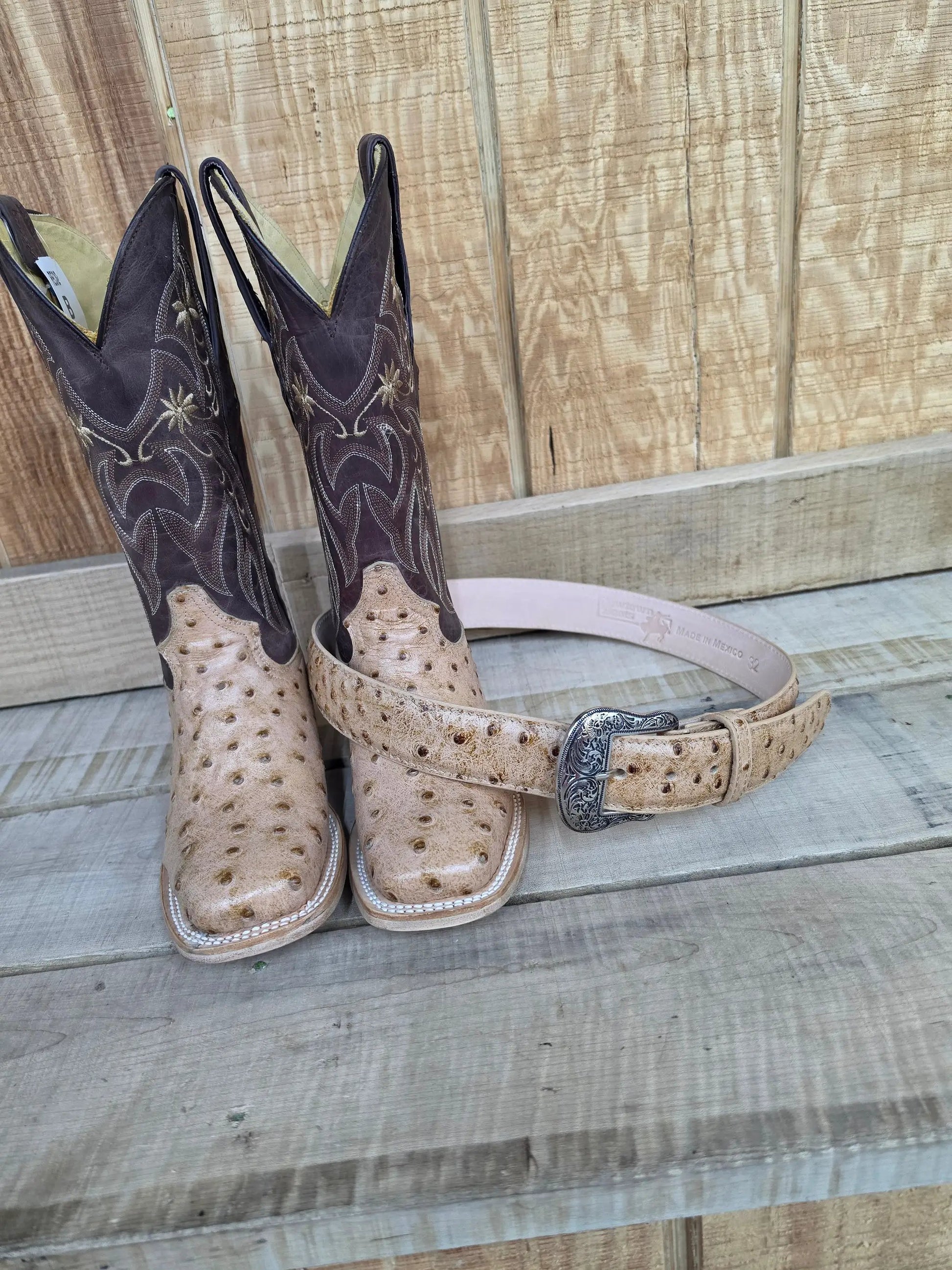 Cowtown Q477 Oryx Ostrich Print Brown Tan Square Toe Western Boots by Wild West Outfitters