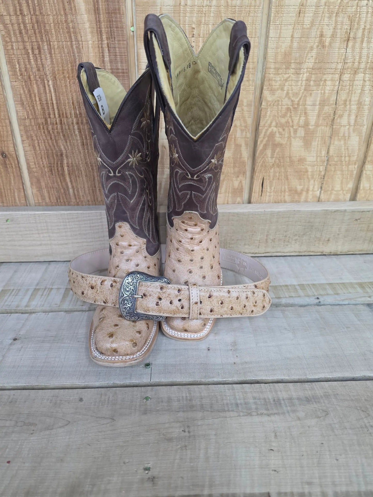 Cowtown Q477 Oryx Ostrich Print Brown Tan Square Toe Western Boots by Wild West Outfitters
